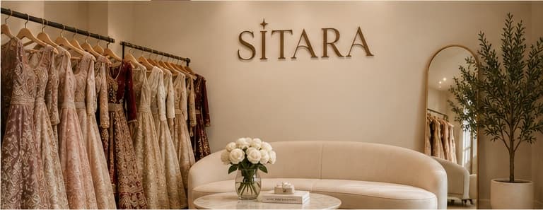 The Sitara showroom, with racks of embellished lehengas and sarees beneath the Sitara wall sign.
