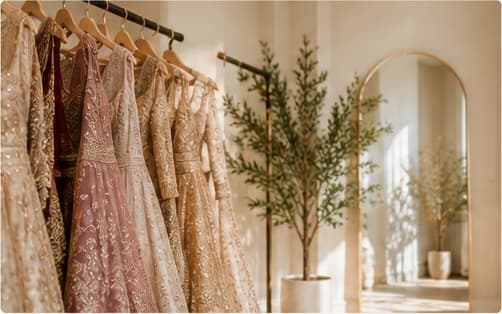 A rail of Sitara occasionwear beside an arched mirror in the showroom.